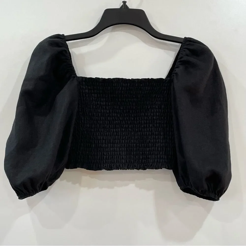 Reformation,Linen Smocked Crop Blouse, Black